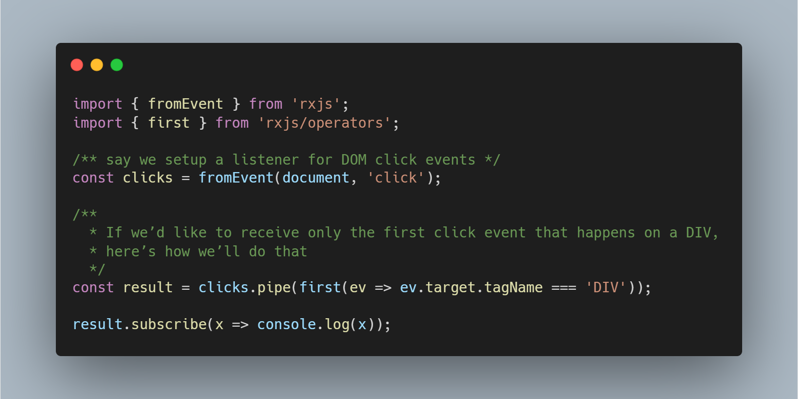 You can pass a callback function to RxJS's first() operator, I was not aware!